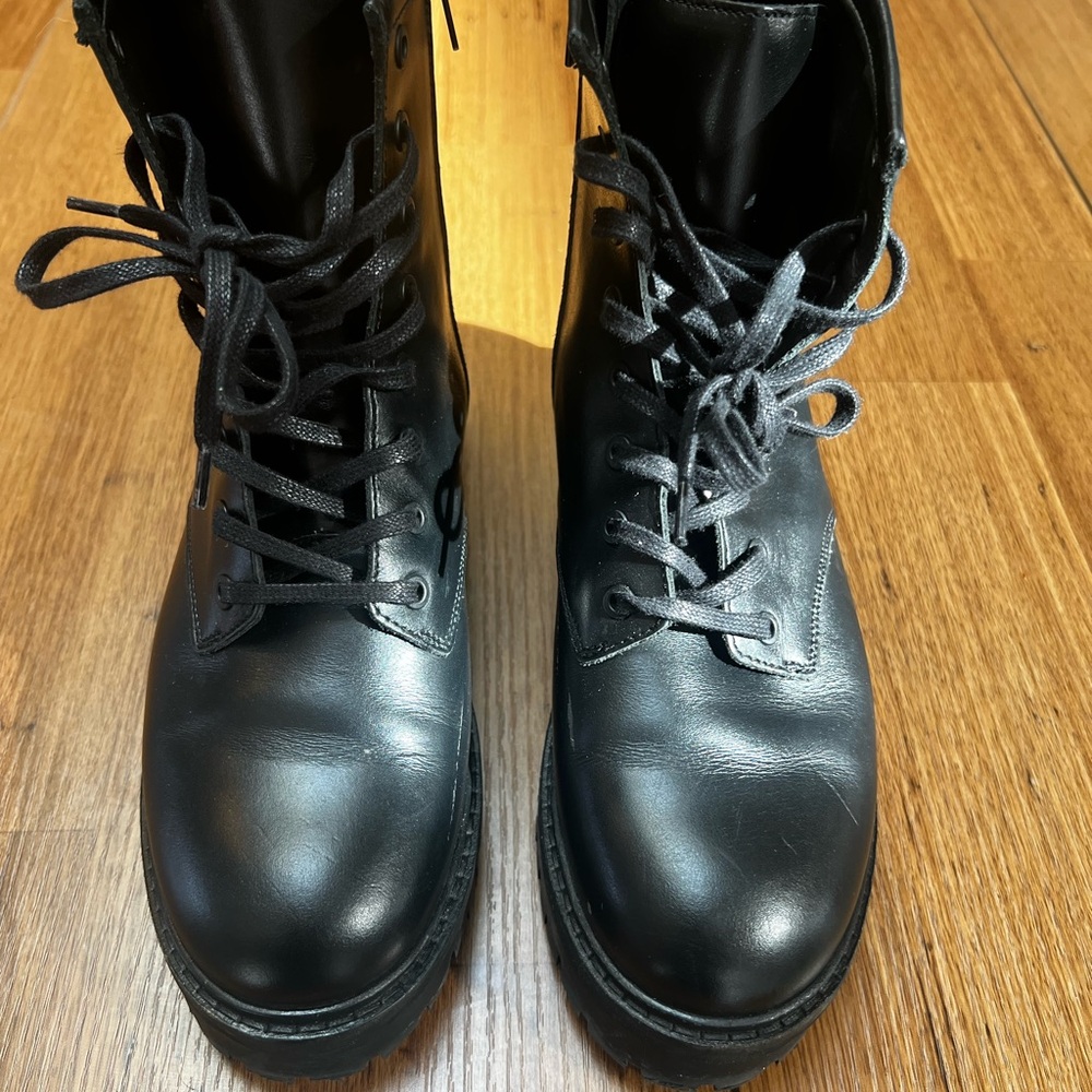 Thursday Boot Company Black Leather Lug-Sole Combat Boots with Side Zip - Picture 2 of 7